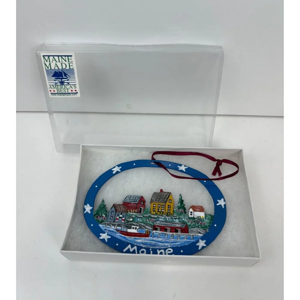 Maine Christmas Cut Metal‎ Ornament Village Scene Handpainted Made In USA